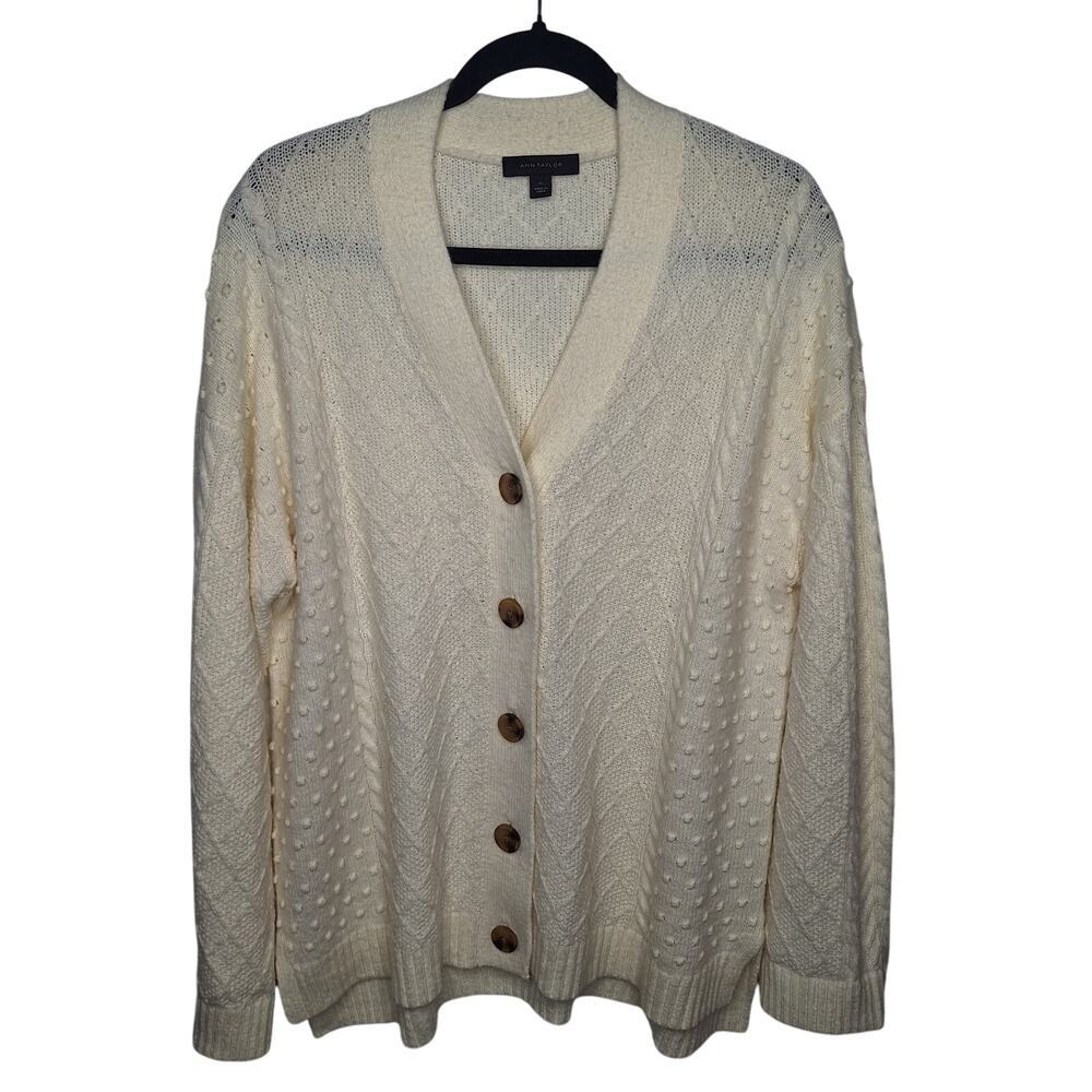 Ann Taylor Bobble Cardigan Sweater XL Cableknit Button Grandpa Academia Cottage
